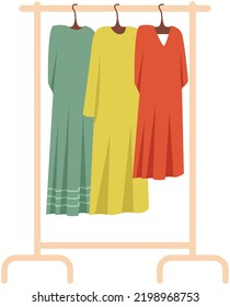 Wardrobe, Womens Clothing On Stand In Dressing Room. Choosing Clothes, Garments For Outfit Concept. Hanger For Home Or Boutique Interior. Colored Dresses On Hangers For Fitting Room Or Showroom