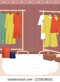 Wardrobe, womens clothing on stand in dressing room. Choosing clothes, garments for outfit concept. Hanger for home or boutique interior. Colored dresses on hangers for fitting room or showroom