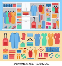 Wardrobe with Women's Clothing, Shoes ans Accessories. Vector illustration in flat style