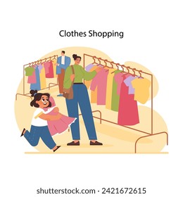 Wardrobe wonders concept. Mother and daughter enjoying day out selecting clothes, little girl carrying pink dress to ask mom to buy. Family fashion discovery. Flat vector illustration