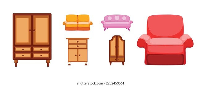 Wardrobe,cupboard,sofa were drawing in cartoon style,on white background