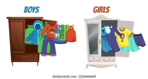 Wardrobes with clothes for girls and boys vector set. Cartoon illustrations of brown and gray wardrobes with drawers and different clothes isolated on white background. Clothing, childhood concept.