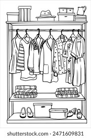 Wardrobes and clothes hangers.Hand-drawn vector illustration.