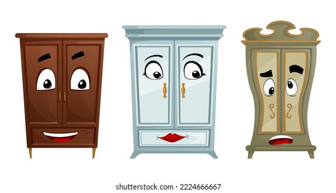 Wardrobes with funny face expressions vector set. Cartoon illustrations of brown, baby blue and gray wardrobes showing funny face expressions isolated on white background. Childhood, furniture concept - Shutterstock ID 2224666667