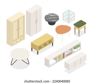 Wardrobes and table - modern vector isometric colorful elements isolated on white background. A set of different pieces of wooden furniture for storage. Living or dressing room house decor idea