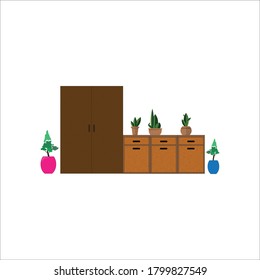 Wardrobe,with beautiful potted plants,in vector style.