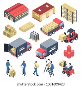 Ware house set of isometric icons with storage building, staff, forklifts, boxes and trucks isolated vector illustration 