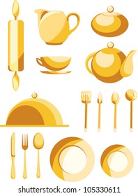 ware set in yellow on a white background the individual elements of the kitchen items