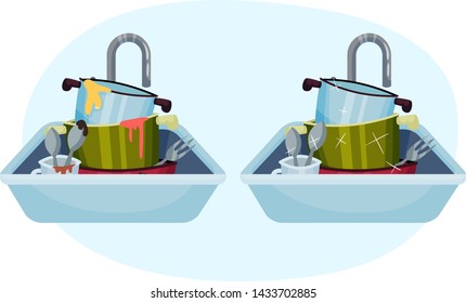 Ware in the sink before and after washing. Vector illustration on blue oval shape background.