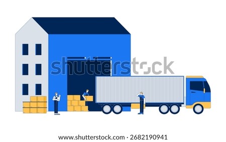 Warehouse 2D vector illustration. Supply chain shipping. Logistics workers loading cardboard boxes into delivery truck flat faceless characters isolated on white background. Colorful cartoon image