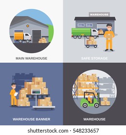 Warehouse 2x2 flat design concept with storage building and workers loading boxes by fork lifts vector illustration