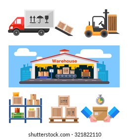 Warehouse and all the stuff:  warehouse building, truck, loader with weight, shelves with boxes. Flat vector illustration set. 