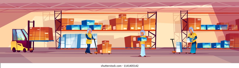 Warehouse and Arab workers vector illustration of logistics storehouse with goods on shelf. Men in Saudi Arabian thobe robe loading box parcels in forklift loader or pallet truck on cartoon background