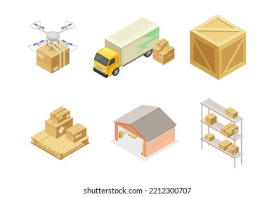 Warehouse as Area for Goods Storage with Drone, Truck and Cardboard Boxes Isometric Vector Set