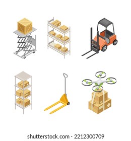 Warehouse as Area for Goods Storage with Forklift and Cardboard Boxes Isometric Vector Set