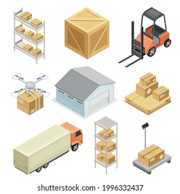 Lager als Bereich für Warenspeicherung und Logistik mit Gabelstaplerboxen und Drohnenlieferschachtel