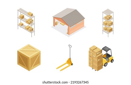 Warehouse as Area for Goods Storage and Logistics with Forklift Moving Cardboard Boxes and Rack with Parcel Isometric Vector Set