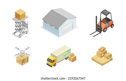 Warehouse as Area for Goods Storage and Logistics with Forklift and Drone Delivering Parcel Isometric Vector Set