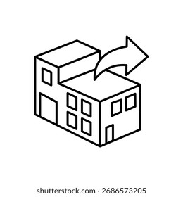 Depósito com uma seta apontando para fora, representando remessa, despacho ou saída de mercadorias do armazenamento. Ilustração vetorial. Ícone de contorno simples em branco. EPS 10