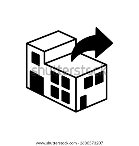 A warehouse with an arrow pointing outward, representing shipment, dispatch, or goods leaving storage. Vector illustration. Simple icon on white. EPS 10