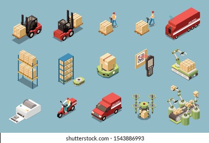 Warehouse automated equipment delivery transport and couriers isometric icons set isolated on blue background 3d vector illustration