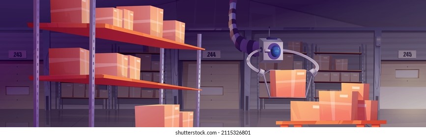 Warehouse with automated robot, cardboard boxes on shelves and pallet. Vector cartoon illustration of storage room interior with goods on metal racks and robotic arm