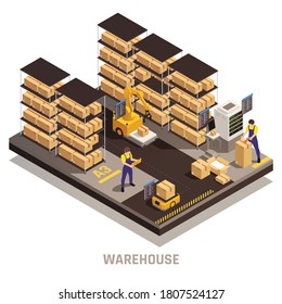 Warehouse automated storage process with efficient find track retrieve load cargo computerized system isometric composition vector illustration 