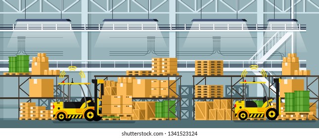 Warehouse Automatic Distribution Forklift Car. Manufacturing Storage Full of Cardboard Box on Shelf, Wooden Pallet and Green Barrel. Smart Factory. Flat Cartoon Vector Illustration