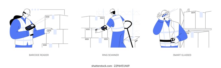 Warehouse automation abstract concept vector illustration set. Barcode reader, ring scanner, smart glasses, smart inventory technologies, identify products in stock abstract metaphor.