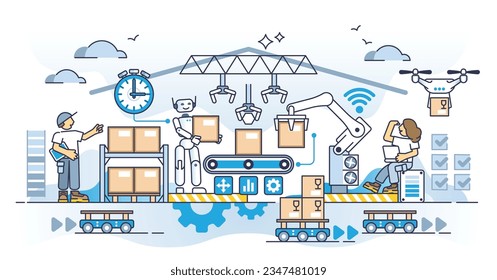 Warehouse automation with effective and precise technology outline concept. Machine robots for low lost efficiency and fast inventory management vector illustration. Storehouse shelf work automation.