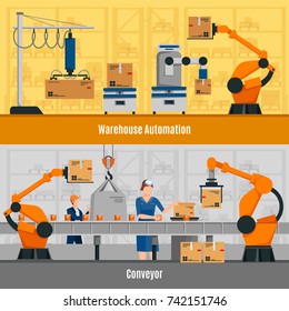 Warehouse automation horizontal banners set with conveyor symbols flat isolated vector illustration