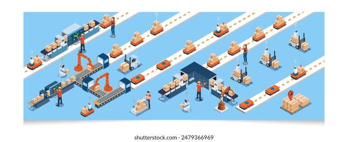 Automatización de almacenes con Robots de Industrial y Tecnología Avanzada: Eficiencia y Precisión, Concepto de tecnología de almacén inteligente. EPS de Ilustración vectorial