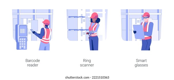 Warehouse automation isolated concept vector illustration set. Barcode reader, ring scanner, smart glasses, smart inventory technologies, identify products in stock vector cartoon.