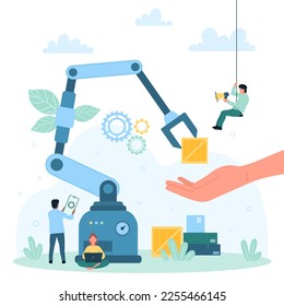 Warehouse automation process vector illustration. Cartoon tiny people work with robots for distribution, logistics and inventory of goods and packages, automated arms carry box to hand of supervisor