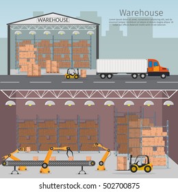 Warehouse automation robotics assembly line interior storage vector set with shipping and delivery roof and lamps flat illustration Logistic concept wagon truck