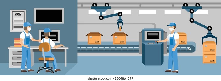 Ilustración vectorial de automatización de almacenes. Tecnología de almacén. Tecnología de almacén inteligente. IoT. Internet de las cosas. Industria inteligente. Automatización de Industriales. Fábrica de Industrial automatizada. 