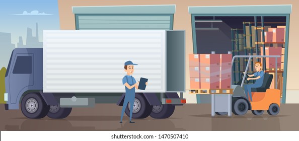 Warehouse background. People and machine working in warehouse room and put boxed on shelves pallets vector industrial logistic workers. Storage and logistic, warehouse industry illustration