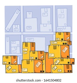 Warehouse background. Store worker job. Cartoon style vector.