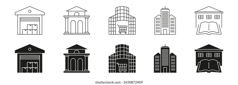 Armazém, Banco, Shopping, Prédio De Escritório E Linha De Biblioteca E Conjunto De Ícones Sólidos. Coleção de Símbolos Comercial, Financeiro, Varejo, Corporativo, Educacional. Ilustração de vetor isolada.