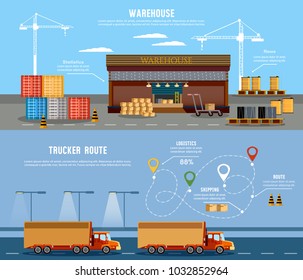 Warehouse banner, cargo transportation, warehouse interior. Delivery industry vector. Shipping and delivery, transportation of goods 