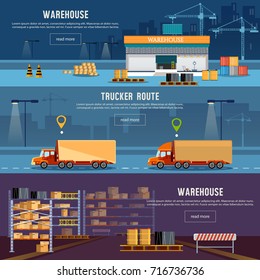 Warehouse banner, cargo transportation, warehouse interior. Shipping and delivery, transportation of goods. Delivery industry vector 