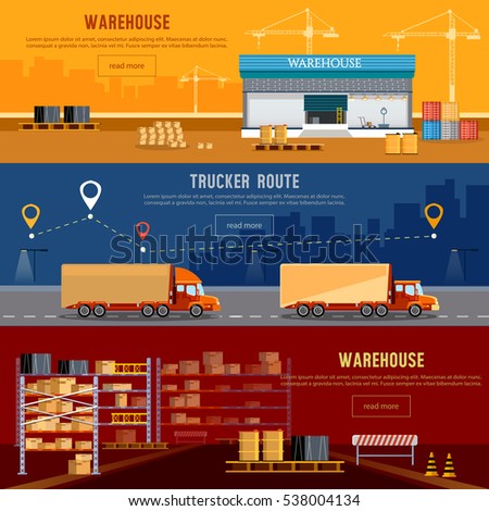 Warehouse banner, cargo transportation, warehouse interior. Shipping and delivery, transportation of goods. Delivery industry concept 