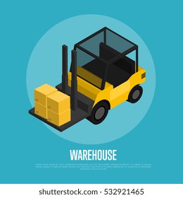 Warehouse banner with forklift truck isolated isometric vector illustration. Yellow forklift truck with packing boxes icon. Warehouse logistics, freight delivery company, cargo transportation.