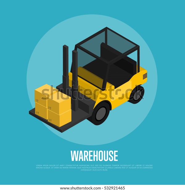 Warehouse\
banner with forklift truck isolated isometric vector illustration.\
Yellow forklift truck with packing boxes icon. Warehouse logistics,\
freight delivery company, cargo\
transportation.