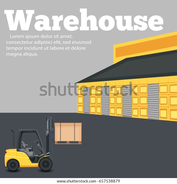 Warehouse banner with\
forklift truck vector illustration. Cargo logistics and delivery\
transportation. Yellow forklift truck with box, storehouse\
building, local or global\
shipment.