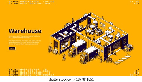 Warehouse banner. Logistic infrastructure for storage, distribution and delivery cargo from factory, store. Vector landing page with isometric storehouse interior, trucks and working people