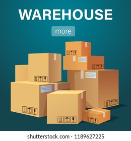 Warehouse banner with pile of stacked sealed goods cardboard boxes. Flat style vector illustration.