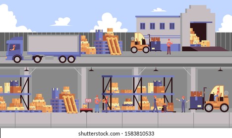 Warehouse banner set - interior and exterior of industrial storage facility with truck, forklift and shelves with cardboard box cargo, loading equipment and building - flat cartoon vector illustration