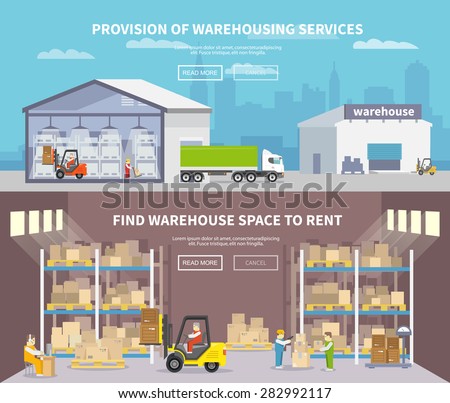 Warehouse banner set with shipping and delivery flat elements isolated vector illustration