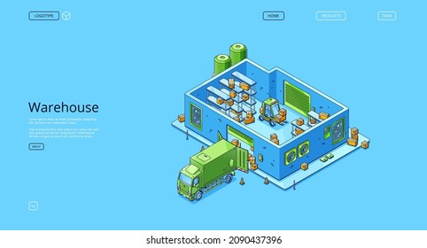 Warehouse banner with storage building, truck, forklift and cardboard boxes. Vector landing page of storage and delivery logistic infrastructure with isometric illustration of storehouse